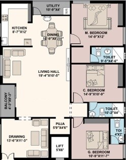 Floor plan of 3 BHK 3352 Sq. Ft. Apartment in Anvesh Kuteer, Hyderabad