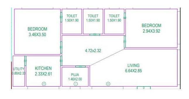 Floor plan of 2 BHK 1030 Sq. Ft. Apartment in Anvesh Pride, Hyderabad