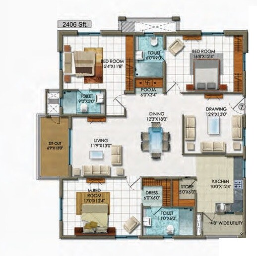 Floor plan of 3 BHK 2406 Sq. Ft. Apartment in Aparna Aura, Hyderabad