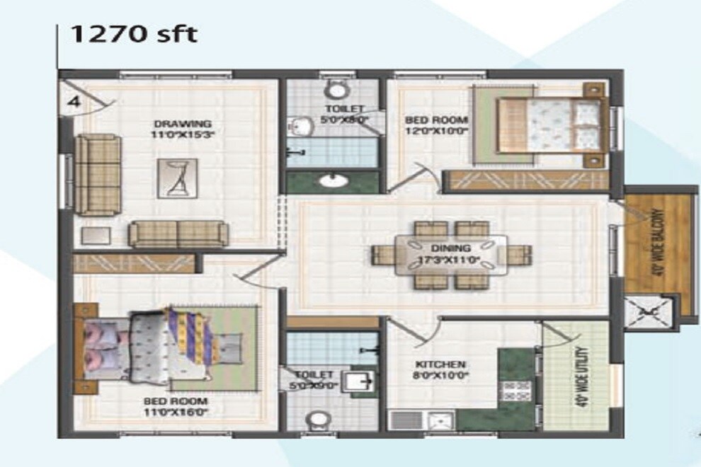 Floor plan of 2 BHK 1270 Sq. Ft. Apartment in Aparna Cyber Commune, Hyderabad