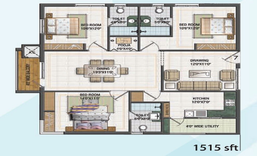 Floor plan of 2 BHK 1515 Sq. Ft. Apartment in Aparna Cyber Commune, Hyderabad