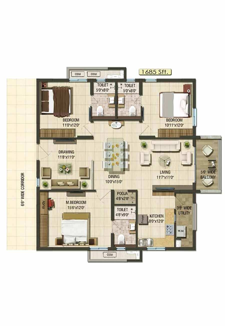 Floor plan of 3 BHK 1685 Sq. Ft. Apartment in Aparna Cyber Life, Hyderabad