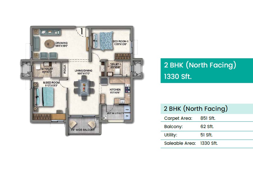 2 BHK 1330 Sq. Ft. Apartment in Aparna Cyber Shine