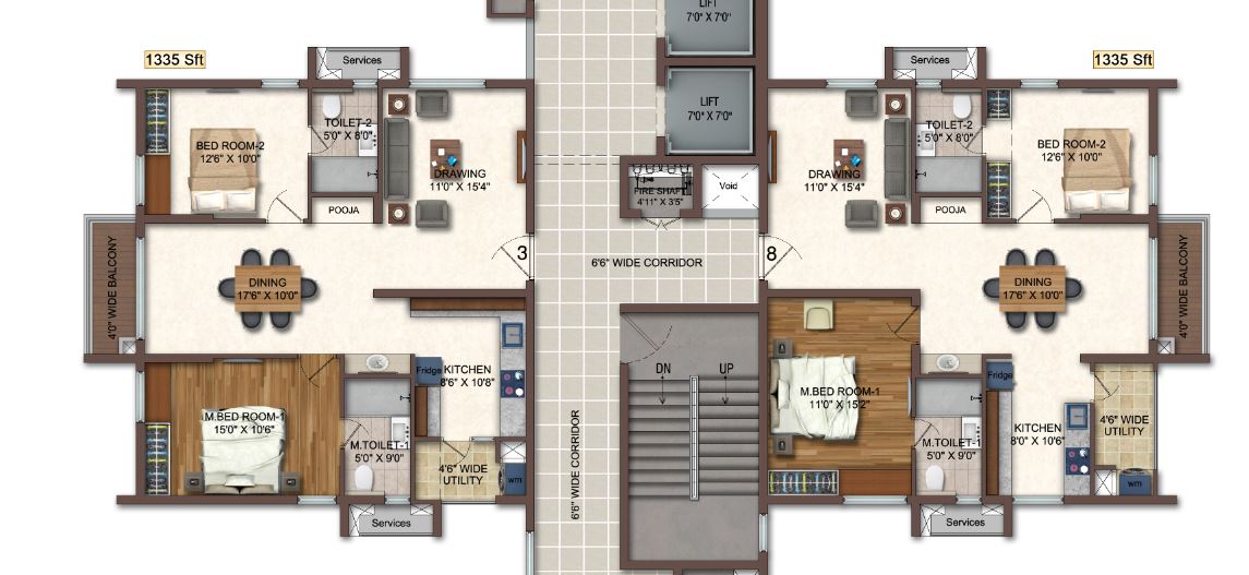 Floor plan of 2 BHK 1335 Sq. Ft. Apartment in Aparna Cyberscape, Hyderabad