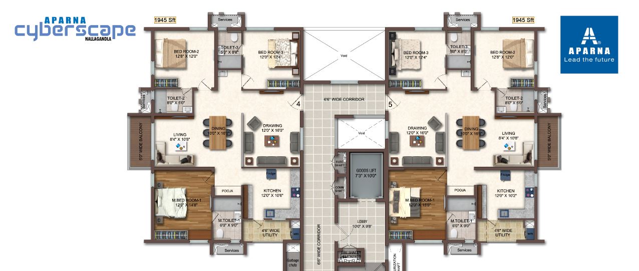 Floor plan of 3 BHK 1945 Sq. Ft. Apartment in Aparna Cyberscape, Hyderabad