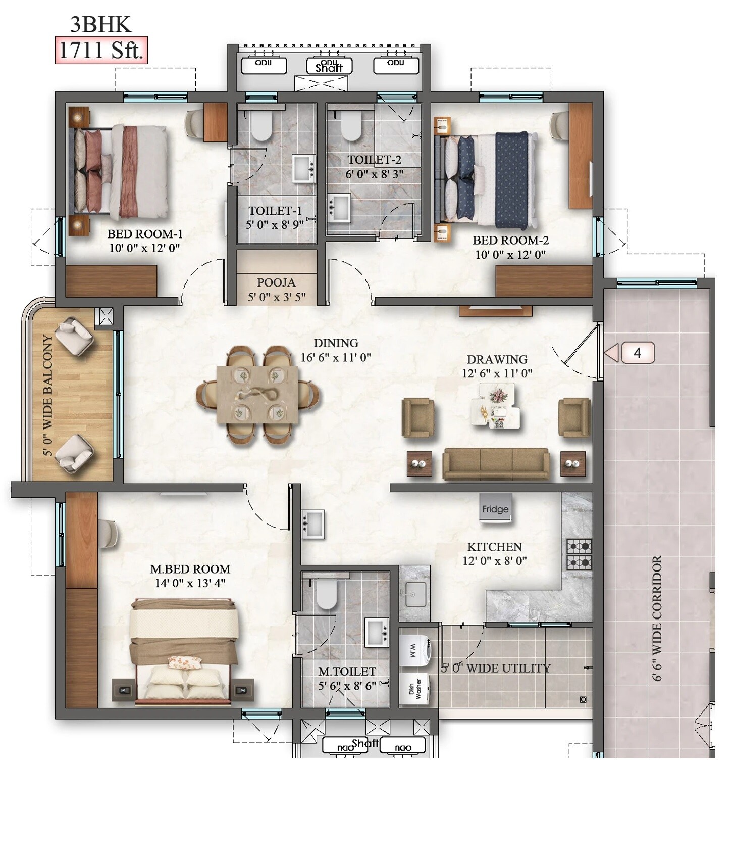Floor plan of 3 BHK 1711 Sq. Ft. Apartment in Aparna Cyberzed, Hyderabad