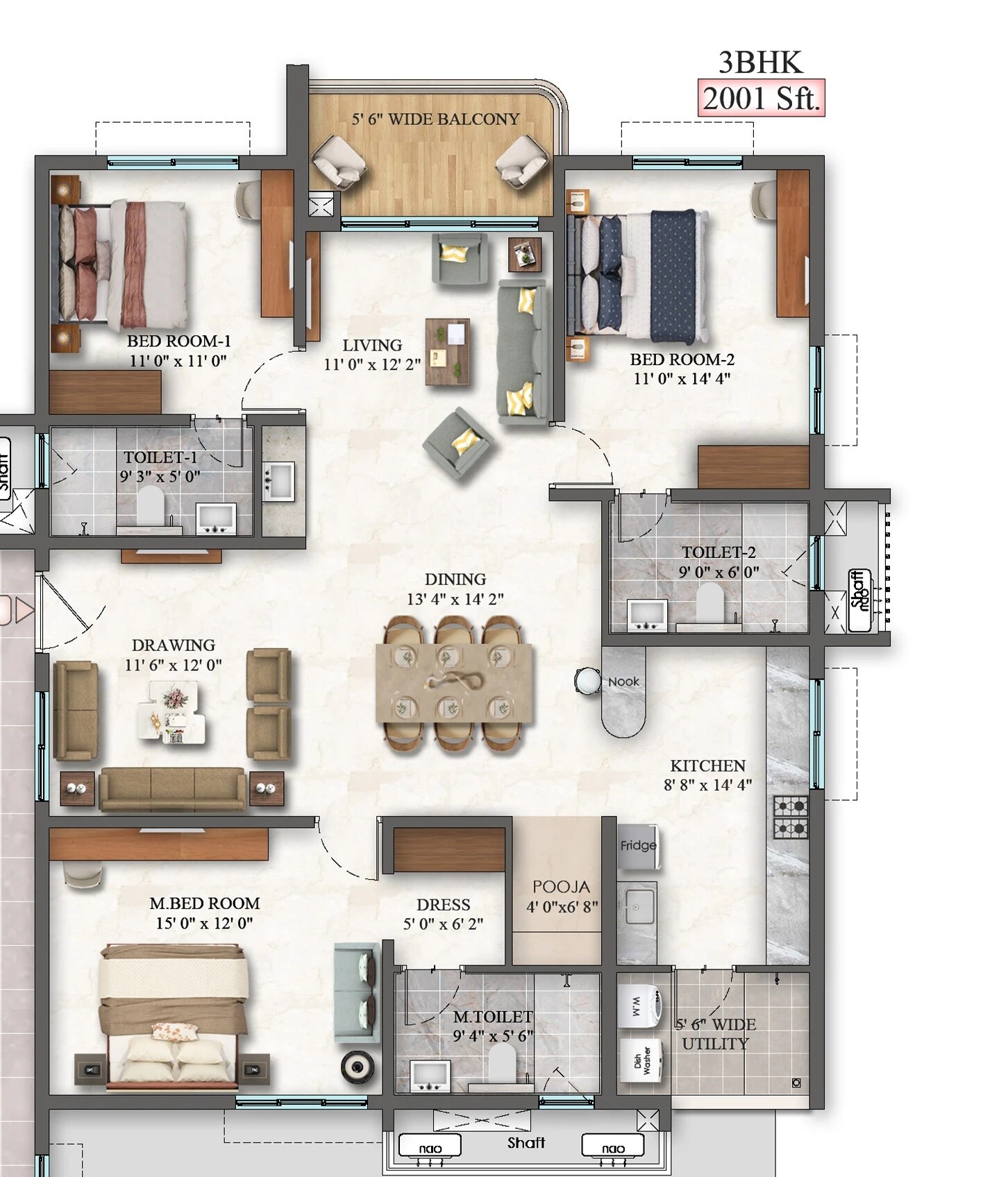 3 BHK 2001 Sq. Ft. Apartment