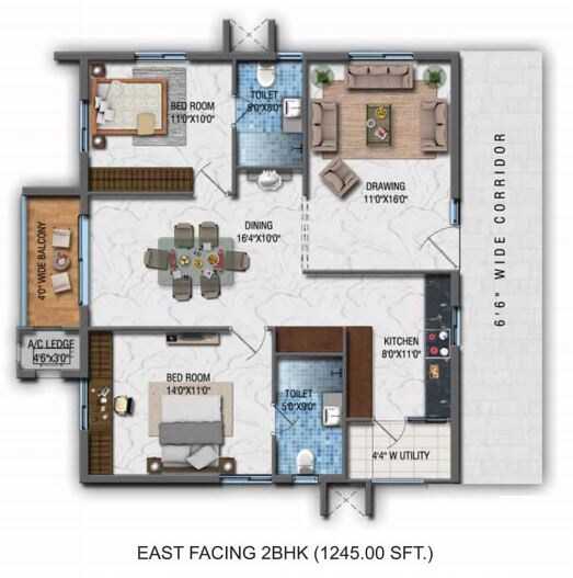 Floor plan of 2 BHK 1245 Sq. Ft. Apartment in Aparna CyberZon, Hyderabad
