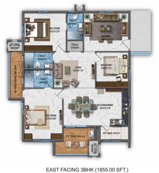 Floor plan of 3 BHK 1855 Sq. Ft. Apartment in Aparna CyberZon, Hyderabad
