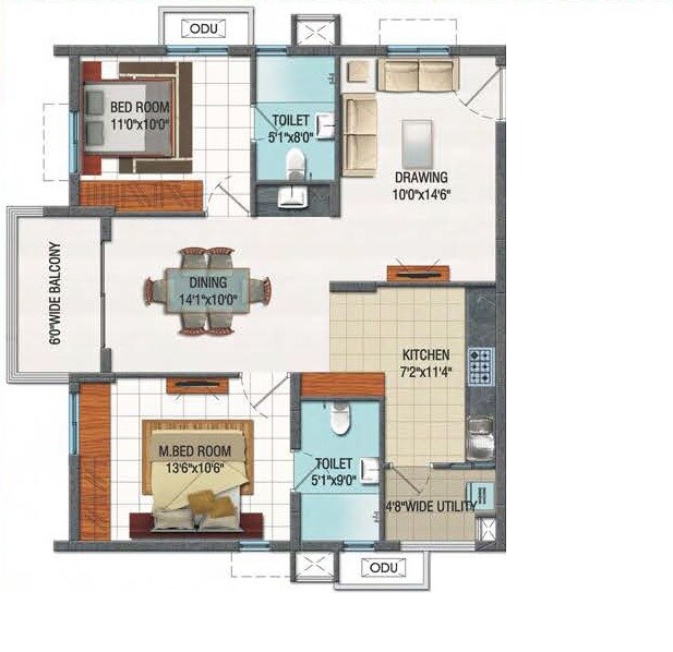 Floor plan of 2 BHK 1150 Sq. Ft. Apartment in Aparna HillPark Avenues, Hyderabad