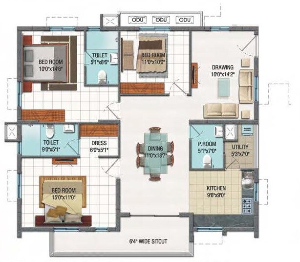 Floor plan of 3 BHK 1590 Sq. Ft. Apartment in Aparna HillPark Avenues, Hyderabad