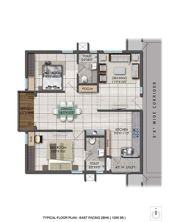Floor plan of 2 BHK 1295 Sq. Ft. Apartment in Aparna HillPark Lake Breeze, Hyderabad