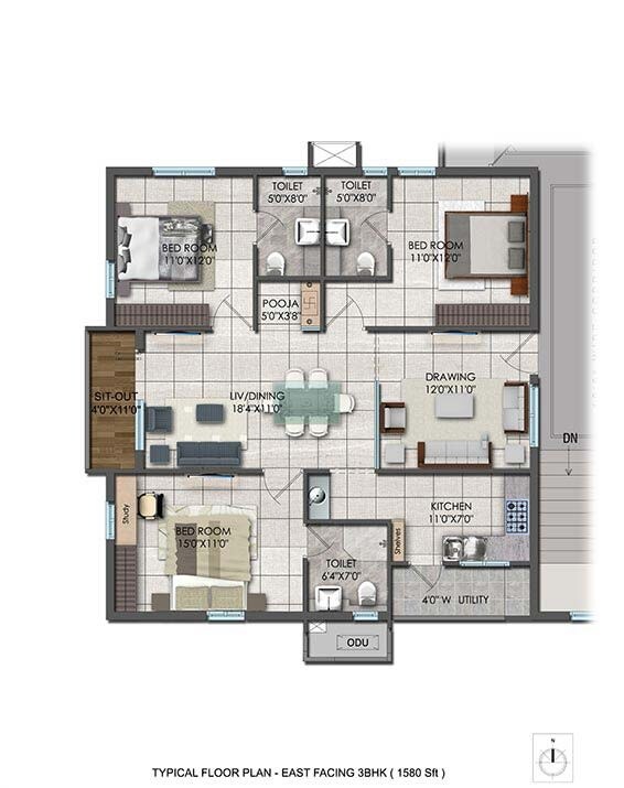 Floor plan of 3 BHK 1580 Sq. Ft. Apartment in Aparna HillPark Lake Breeze, Hyderabad