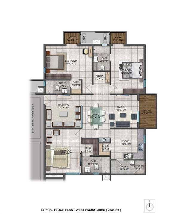 Floor plan of 3 BHK 2335 Sq. Ft. Apartment in Aparna HillPark Lake Breeze, Hyderabad