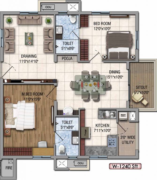 2 BHK 1240 Sq. Ft. Apartment