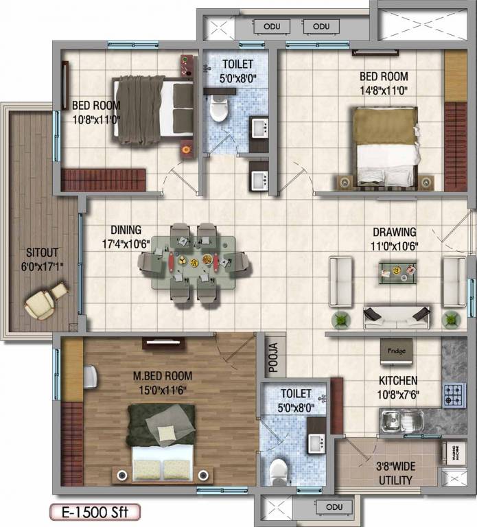 3 BHK 1500 Sq. Ft. Apartment
