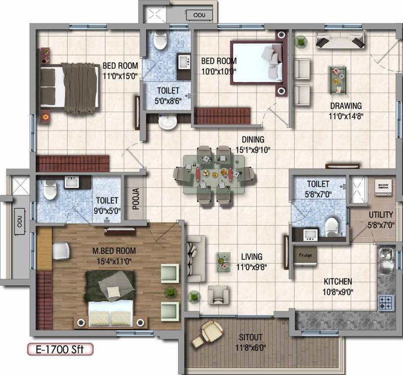3 BHK 1700 Sq. Ft. Apartment