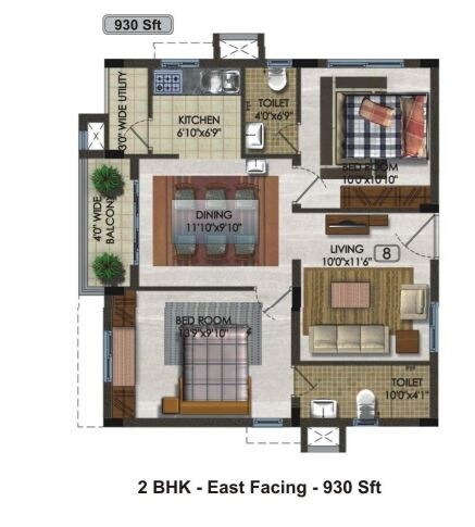 Floor plan of 2 BHK 930 Sq. Ft. Apartment in Aparna Kanopy, Hyderabad