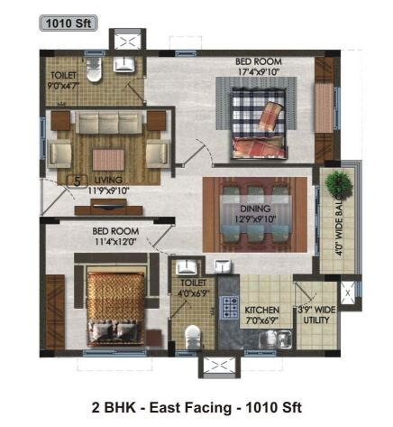 Floor plan of 2 BHK 1010 Sq. Ft. Apartment in Aparna Kanopy Tulip, Hyderabad