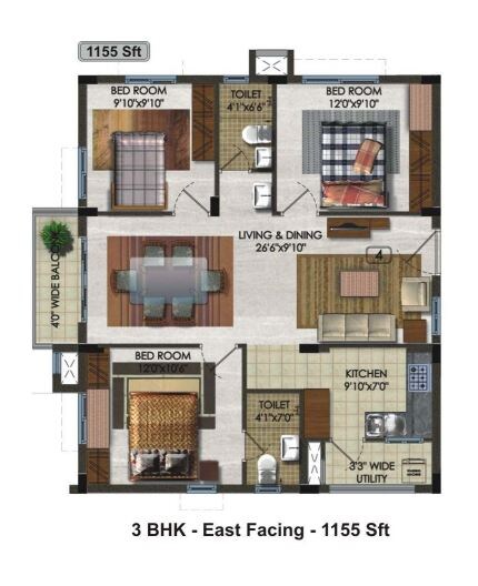 Floor plan of 3 BHK 1155 Sq. Ft. Apartment in Aparna Kanopy Tulip, Hyderabad