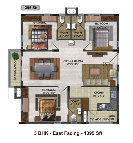 Floor plan of 3 BHK 1395 Sq. Ft. Apartment in Aparna Kanopy Tulip, Hyderabad