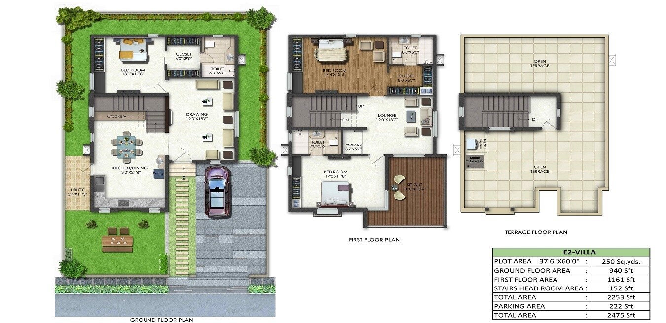 Floor plan of 3 BHK 2475 Sq. Ft. Villa in Aparna Kanopy, Hyderabad