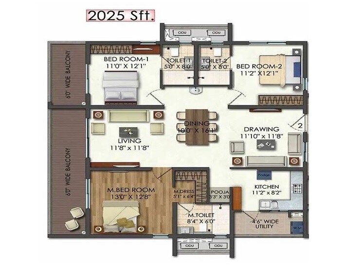 Floor plan of 3 BHK 2025 Sq. Ft. Apartment in Aparna Luxor Park, Hyderabad