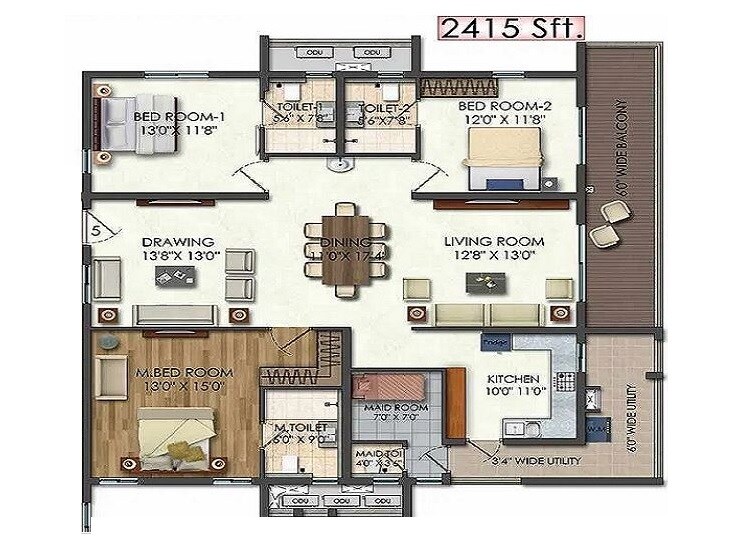 Floor plan of 3 BHK 2415 Sq. Ft. Apartment in Aparna Luxor Park, Hyderabad