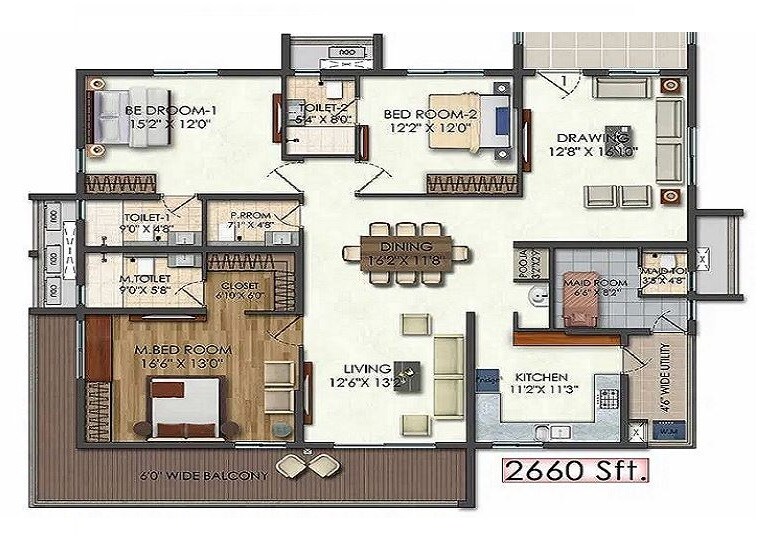 Floor plan of 3 BHK 2660 Sq. Ft. Apartment in Aparna Luxor Park, Hyderabad