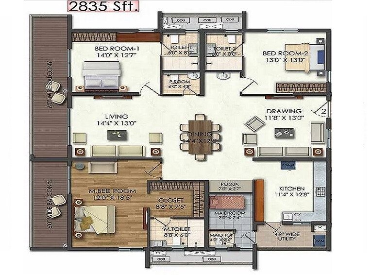 Floor plan of 3 BHK 2835 Sq. Ft. Apartment in Aparna Luxor Park, Hyderabad