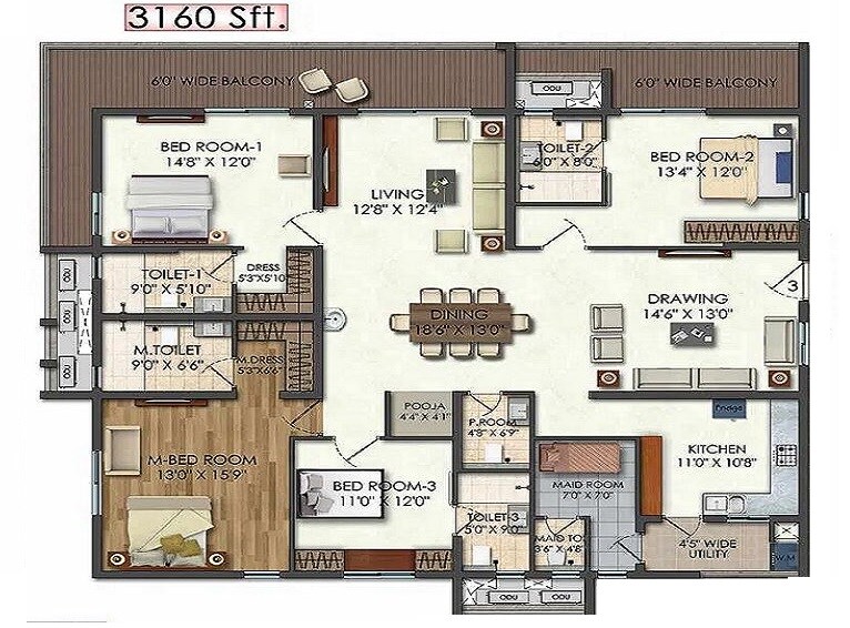Floor plan of 4 BHK 3160 Sq. Ft. Apartment in Aparna Luxor Park, Hyderabad