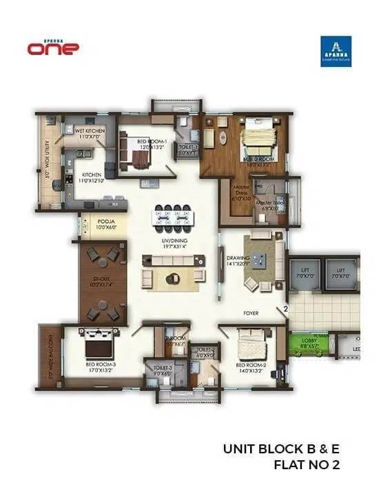 Floor plan of 4 BHK 5216 Sq. Ft. Apartment in Aparna One, Hyderabad