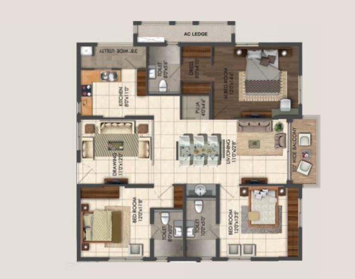 Floor plan of 3 BHK 1920 Sq. Ft. Apartment in Aparna Sarovar Grande, Hyderabad