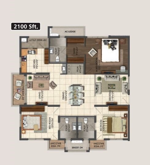 Floor plan of 3 BHK 2100 Sq. Ft. Apartment in Aparna Sarovar Grande, Hyderabad