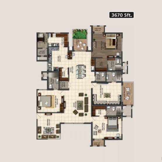 Floor plan of 4 BHK 3670 Sq. Ft. Apartment in Aparna Sarovar Grande, Hyderabad
