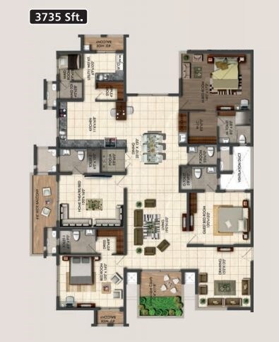 Floor plan of 4 BHK 3735 Sq. Ft. Apartment in Aparna Sarovar Grande, Hyderabad