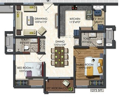 Floor plan of 2 BHK 1275 Sq. Ft. Apartment in Aparna Sarovar Zenith, Hyderabad