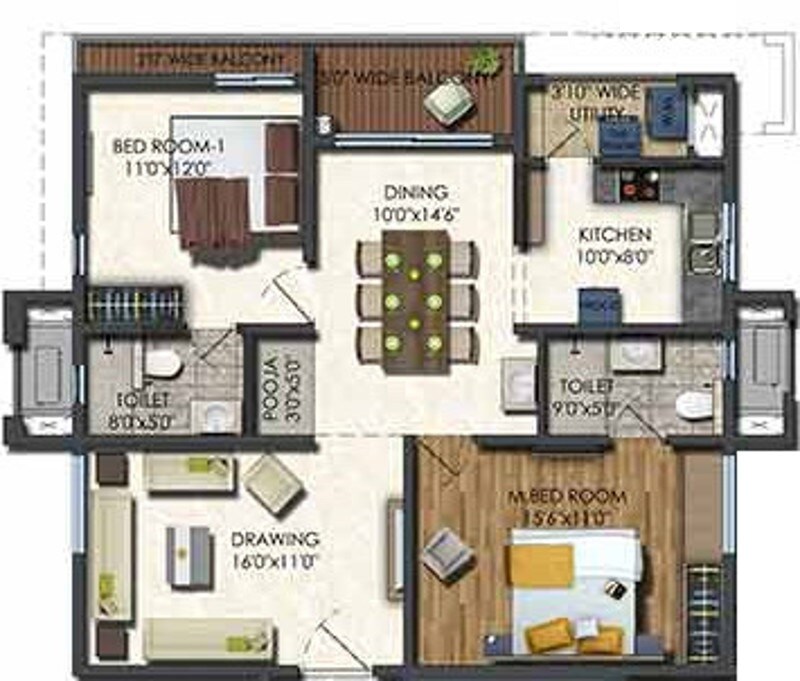 Floor plan of 2 BHK 1375 Sq. Ft. Apartment in Aparna Sarovar Zenith, Hyderabad