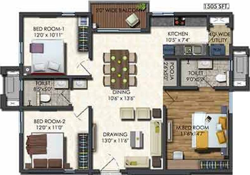 Floor plan of 3 BHK 1505 Sq. Ft. Apartment in Aparna Sarovar Zenith, Hyderabad