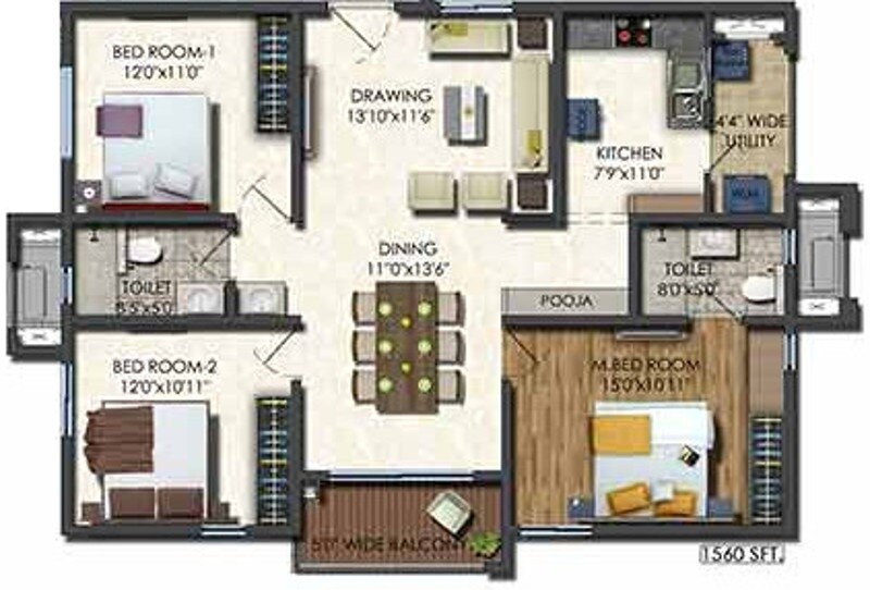 Floor plan of 3 BHK 1955 Sq. Ft. Apartment in Aparna Sarovar Zenith, Hyderabad