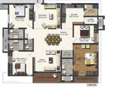 Floor plan of 4 BHK 2780 Sq. Ft. Apartment in Aparna Sarovar Zenith, Hyderabad