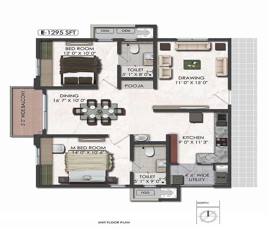 Floor plan of 2 BHK 1295 Sq. Ft. Apartment in Aparna Serene Park, Hyderabad