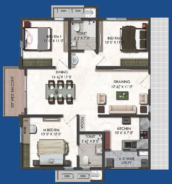 Floor plan of 3 BHK 1490 Sq. Ft. Apartment in Aparna Serene Park, Hyderabad