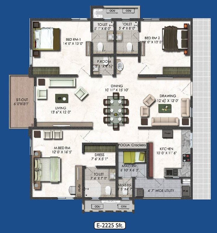 Floor plan of 3 BHK 2225 Sq. Ft. Apartment in Aparna Serene Park, Hyderabad