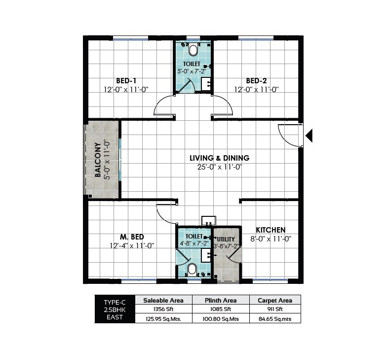 Floor plan of 2 BHK 1356 Sq. Ft. Apartment in APR Pranav Townsquare, Hyderabad