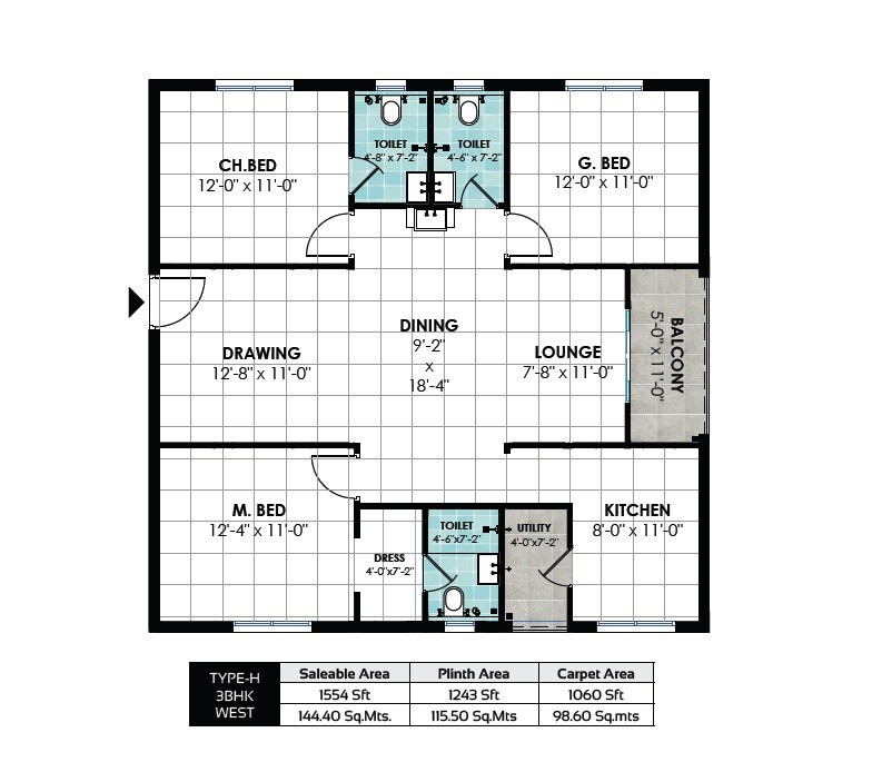 Floor plan of 3 BHK 1554 Sq. Ft. Apartment in APR Pranav Townsquare, Hyderabad