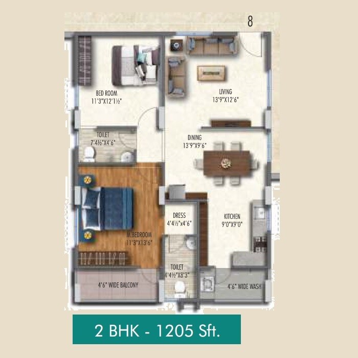 Floor plan of 2 BHK 1205 Sq. Ft. Apartment in APR Praveens Higheria, Hyderabad
