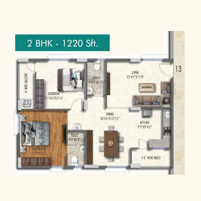 Floor plan of 2 BHK 1220 Sq. Ft. Apartment in APR Praveens Higheria, Hyderabad