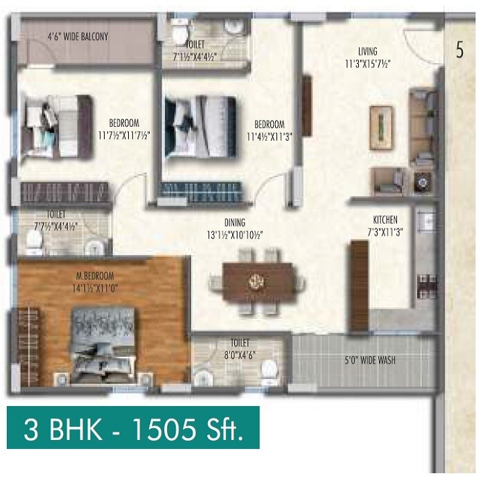 Floor plan of 3 BHK 1505 Sq. Ft. Apartment in APR Praveens Higheria, Hyderabad