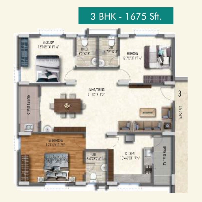 Floor plan of 3 BHK 1675 Sq. Ft. Apartment in APR Praveens Higheria, Hyderabad